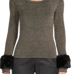 Saks Fifth Avenue Metallic Sweater with Black Fur Cuffs